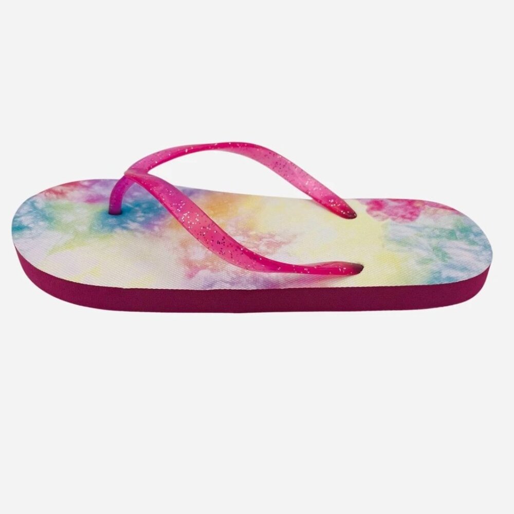 Girls Tie Dye Flip Flops Pink Glitter Strap Summer Sandals Lightweight Beach New - Picture 3 of 4